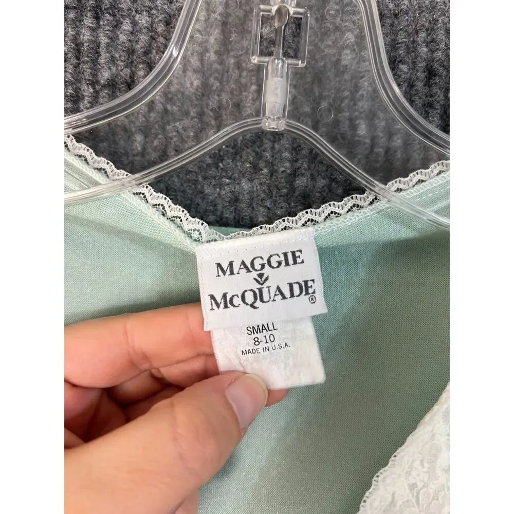 Vintage Maggie McQuade Mint Green Velvet Robe Long Lace Trim Dressing Gown Small